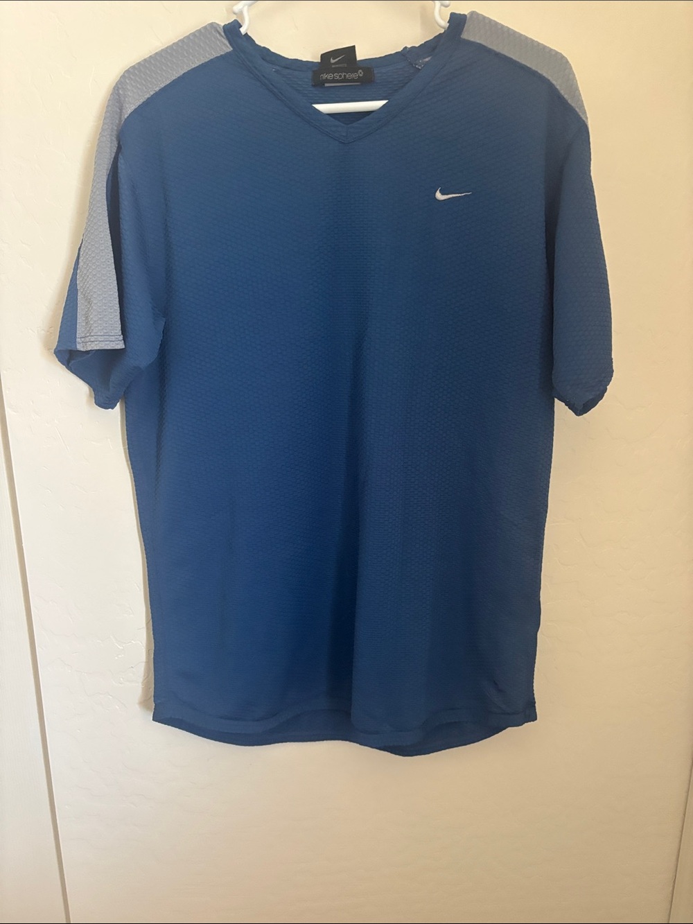 Nike Blue Short-Sleeve V-Neck Performance Shirt with Gray Shoulder Panels